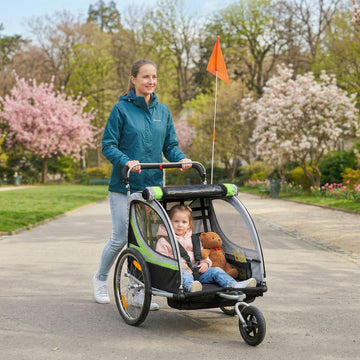 2 Seat Bike Trailer for Kids 2-in-1 Double Baby Stroller with Handbrake, Rubber Wheels, 5 Point Harness, Waterproof Cover, Storage Bag, Reflectors