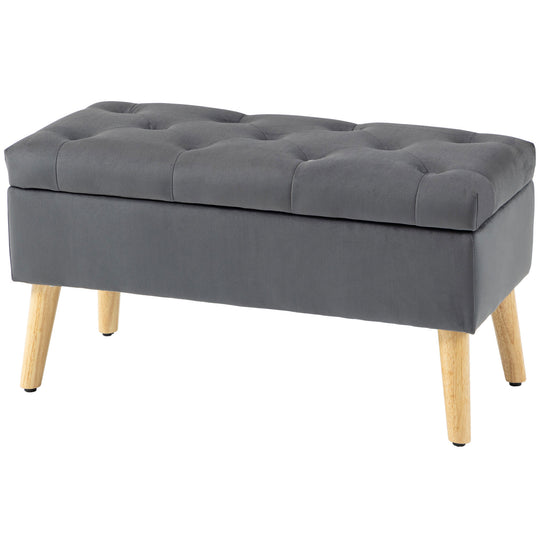 Storage Ottoman with Lid, Velvet Upholstered Storage Bench with Wood Legs for Living Room, Charcoal Grey