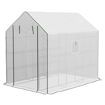 Walk-in Greenhouse with 3 Tier, Garden Plant Growhouse with Roll-up Door and Mesh Windows, 140 x 213 x 190 cm, White