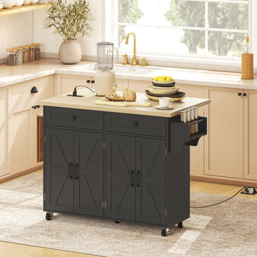 Kitchen Island with Storage, Rolling Kitchen Cart with Charging Station, Drop Leaf, Spice Rack, Towel Rack, Drawers, Black