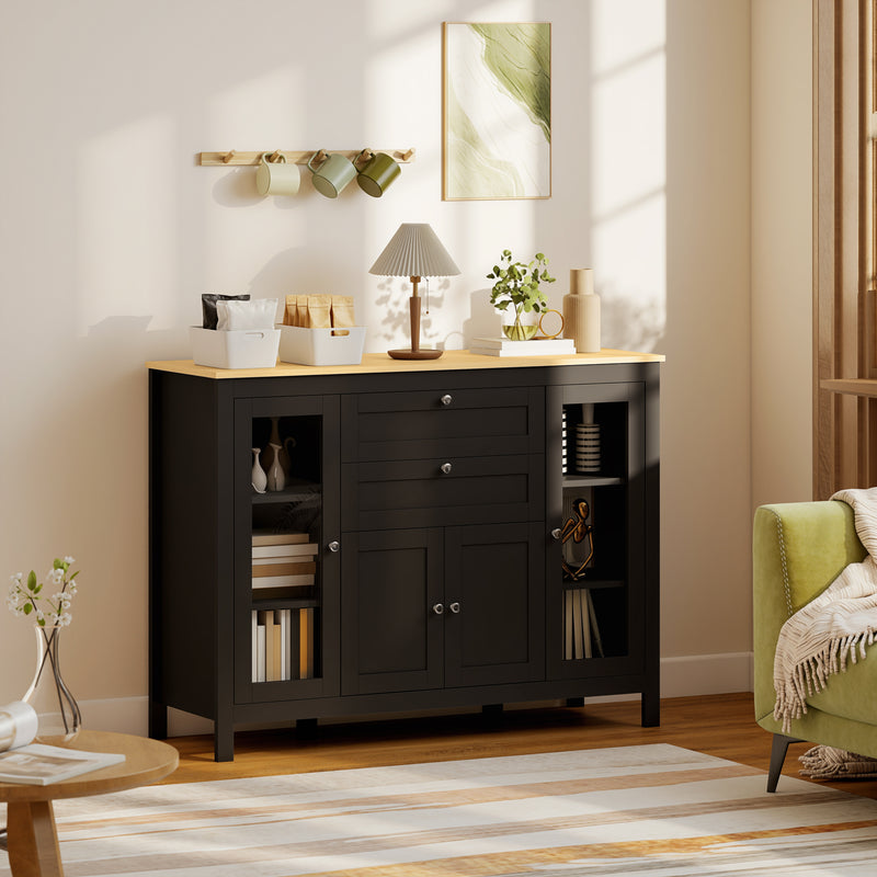Buffet Cabinet Sideboard with 2 Drawers, 3 Storage Cabinets, Glass Doors and Adjustable Shelves, Dark