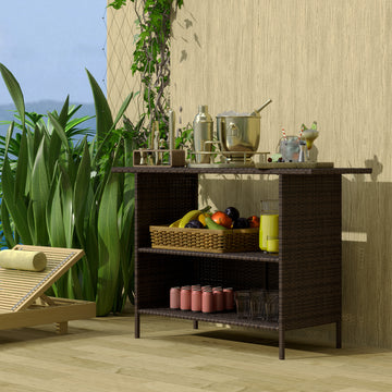 Wicker Outdoor Bar Table, PE Rattan Bar Height Patio Table with 2 Shelves, Steel Frame for Garden, Backyard, Dark Brown