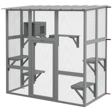 Outdoor Cat Enclosure Window Box with Weatherproof Roof, Bridge, Resting Box, Platforms, for 2 Kittens, Grey