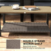 2-Tier Rectangle Outdoor Coffee Table, Patio Table with Wood-Effect Metal Top, Wicker Shelf for Garden, Backyard, Brown