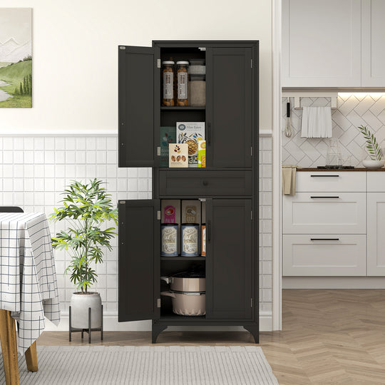 Armoire de rangement autonome, garde-manger de cuisine avec 2 tablettes, 4 portes pour salle à manger, noir