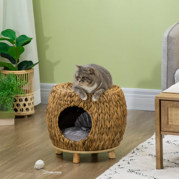Wicker Cat Bed with Washable Cushion, Elevated Rattan Kitten Bed for Indoor Cats, Light Brown