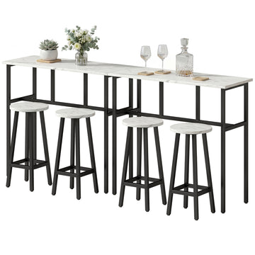Bar Table Set of 6, Bar Table and Stools for 4, 2 Breakfast Tables and 4 Stools for Living Room, White Marble