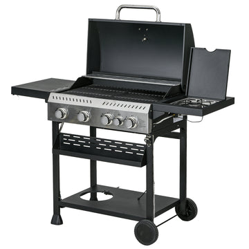 40,000 BTU Propane Gas Grill BBQ Cart with 4 Main Burners, 1 Side Burner, with Warming Rack, Side Prep Tables