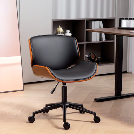 Mid-Century Modern Office Chair No Arms with Wheels, Small Computer Desk Chair with PU Leather Upholstery, Bentwood, Black