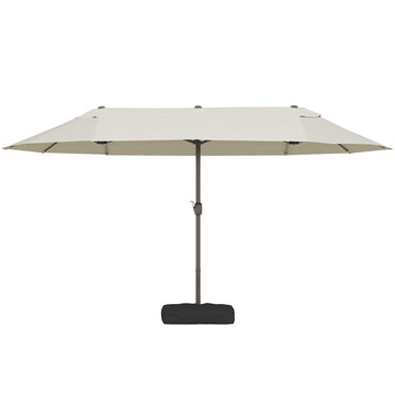 15' Outdoor Patio Umbrella with Twin Canopy Sunshade Steel Table Umbrella w/ Lift Crank, Cross base, Sandbag, Cream