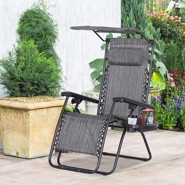 Outdoor Zero Gravity Reclining Lounger Chair with Canopy Shade, Side Tray, Cupholder, Dark Grey