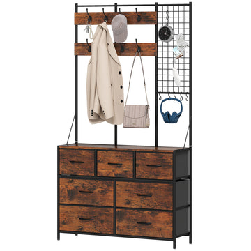 4-In-1 Coat Rack with 7 Drawer Fabric Dresser, Hall Tree with 14 Hooks for Hallway, Entryway, Bedroom, Rustic Brown