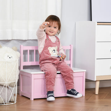 Qaba 2-in-1 Kids Toy Box Storage Organizer Chest Cabinet Chunk Cube with Safety Pneumatic Rod, Pink