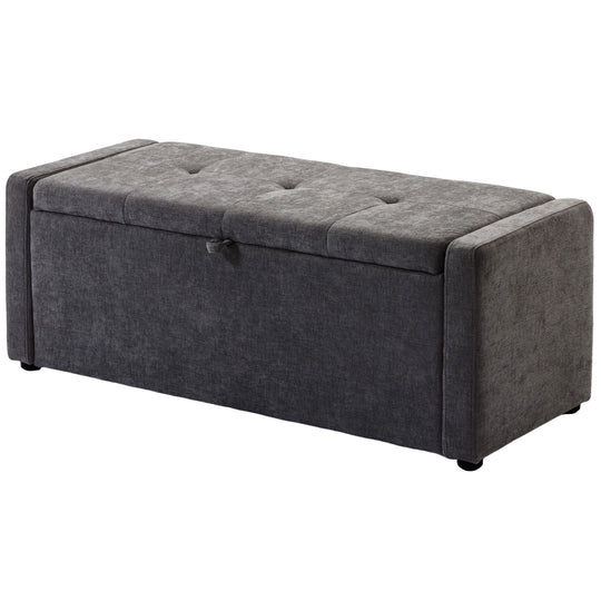 Storage Ottoman Bench, Linen-Look Fabric Upholstered Ottoman with Storage, Wide Padded Seat, Dark Grey