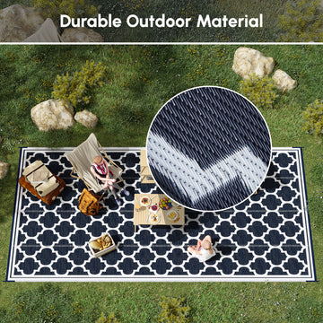 Reversible Outdoor RV Rug, 9' x 18' Patio Floor Mat, Plastic Straw Rug, Dark Blue and White