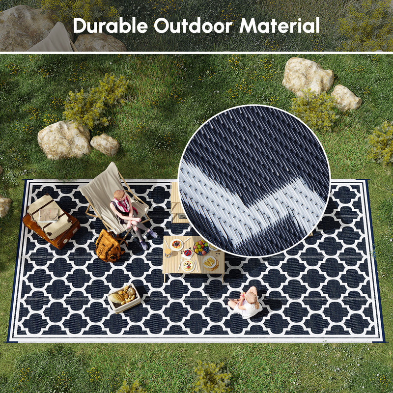 Reversible Outdoor RV Rug, 9' x 18' Patio Floor Mat, Plastic Straw Rug, Dark Blue and White