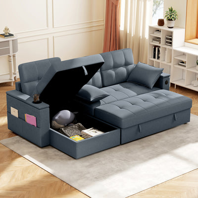 Convertible Sectional Sofa Bed, Pull Out Sleeper Sofa Couch with USB‑A+C, Chaise Storage, L-Shaped Futon Couch, Dark Grey