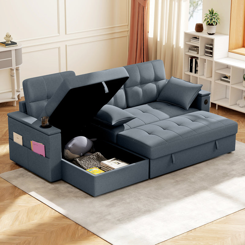 Convertible Sectional Sofa Bed, Pull Out Sleeper Sofa Couch with USB‑A+C, Chaise Storage, L-Shaped Futon Couch, Dark Grey