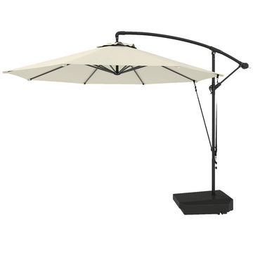 10FT Cantilever Umbrella with Fillable Base, Wind Strap and Cover, Offset Hanging Umbrella with Crank, Cream White