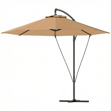 9.5' Cantilever Umbrella with Wind Protection Strap and Cover, Hanging Umbrella with Crank and Cross Base, Khaki