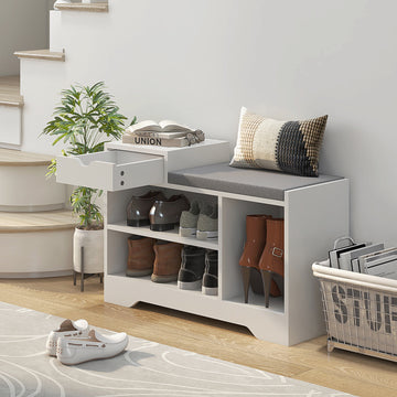Upholstered Shoe Storage Bench, Hallway Shoe Storage with Seat, Drawer, 3 Open Shelves for Entryway, White