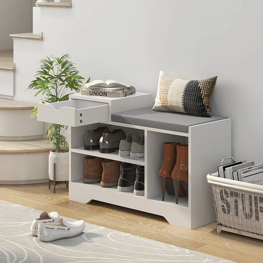 Upholstered Shoe Storage Bench, Hallway Shoe Storage with Seat, Drawer, 3 Open Shelves for Entryway, White