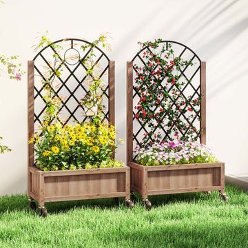 Raised Garden Bed with Metal Trellis, Elevated Planter Box with Wheels and Drainage Holes, 20.5