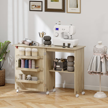 Sewing Machine Cabinet, Folding Sewing Table with Storage Shelf, Bins and Lockable Wheels for Small Space, Nature Wood