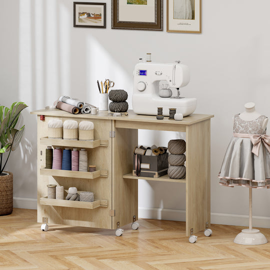 Sewing Machine Cabinet, Folding Sewing Table with Storage Shelf, Bins and Lockable Wheels for Small Space, Nature Wood