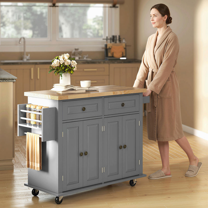 Rolling Kitchen Island with Rubber Wood Top and Storage, Spice Rack, Towel Rack, Grey