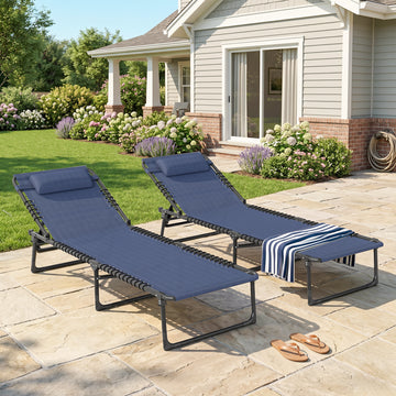 2 PCs Folding Lounge Chair, Adjustable Chaise Lounge with Headrest, Reclining Lounger Cot for Camping, Hiking, Dark Blue