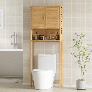 Over the Toilet Cabinet, Bathroom Organizer with 2 Doors, Open Compartment and Adjustable Shelf, Natural Wood Finish