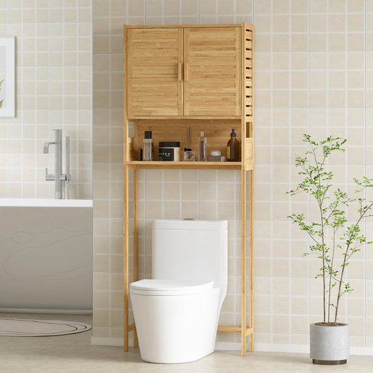 Over the Toilet Cabinet, Bathroom Organizer with 2 Doors, Open Compartment and Adjustable Shelf, Natural Wood Finish
