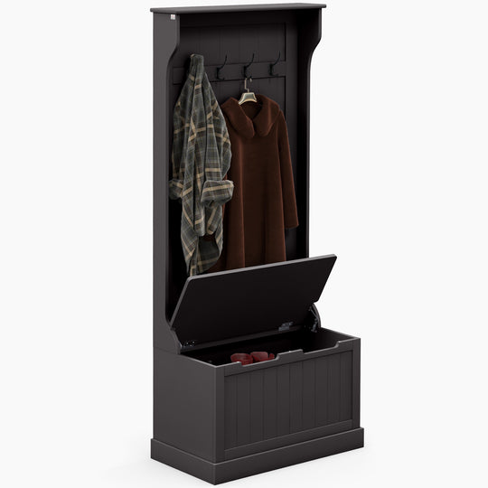 4-In-1 Hall Tree with Coat Rack, Top Shelf, Shoe Storage and Bench Seat, Entryway Bench with 4 Hooks, Black