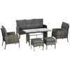 6 Piece Patio Furniture Set with Patio Chairs, Ottomans, Sofa, Glass Top Table and Cushions, Wicker Rattan Outdoor Furniture Set for Backyard, Porch, Grey