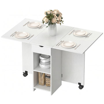 Folding Dining Table with Storage, Drop Leaf Kitchen Table with Drawer and Shelves for Small Spaces, White