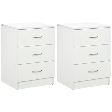 Bedside Table with 3 Drawers, Modern Wood Nightstand, Side Table with Anti-tipping Design for Bedroom, Set of 2, White