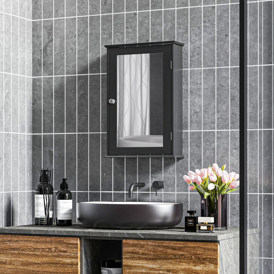 Bathroom Mirror Cabinet, Wall Mounted Medicine Cabinet with Door and Shelves, Black