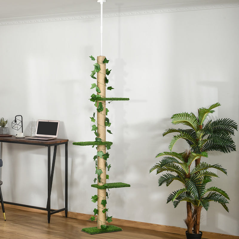 4-Tier Floor to Ceiling Cat Tree, Height(80-95Inches)Adjustable, Tall Cat Tower w/ Anti-Slip Kit, Leaves, Multi-Layer Activity Centre w/ Scratching Post