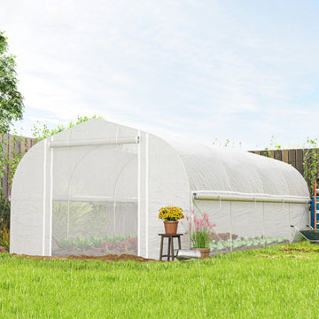 19.5' x 10' x 7.5' Tunnel Greenhouse with 3 Roll-Up Doors and Large Mesh Windows, Galvanized Steel Frame, Wind Resistant, White