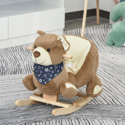 Qaba Baby Rocking Horse Bear Design Plush Stuffed Rocking Chair, Wooden Rocking Horse with Sound, Seat Belt for Boys and Girls Gift, Brown
