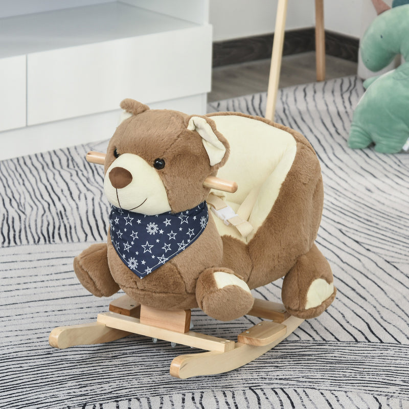 Qaba Baby Rocking Horse, Plush Animal Rocker Bear with Realistic Sound, Seat Belt, Handle Grip for 18-36 Months, Brown