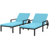 2 Piece Wicker Chaise Lounger PE Rattan Outdoor Lounge Chair Recliner with Adjustable Backrest and 2 Wheels, Sky Blue