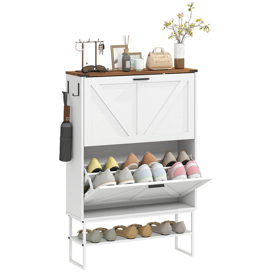 Narrow Shoe Storage Cabinet with 2 Flip Drawers, Slim Shoe Cabinet for 15-20 Pairs, White Wood Grain