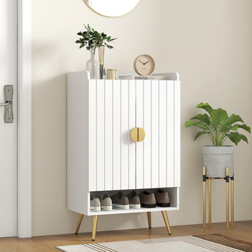 Entryway Shoe Storage Cabinet, Narrow Shoe Cabinet with Adjustable Shelves and Open Shelf for 15 Pairs of Shoes, White