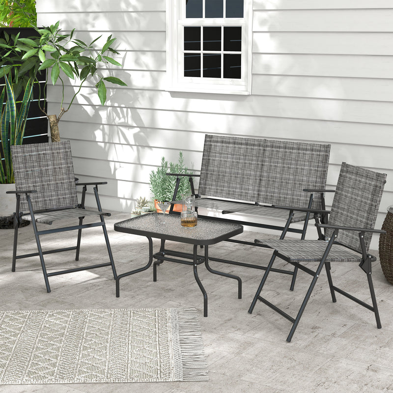 Outdoor 4 Pieces Patio Furniture Set, Garden Set with Two Foldable Armchairs, a Loveseat & Glass Top Table