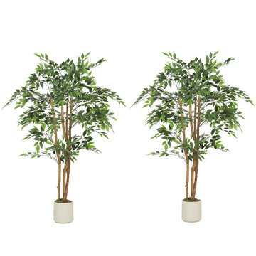 5FT Artificial Banyan Tree Set of 2, Fake Potted Tree with Solid Wood Trunk and Pot for Indoor
