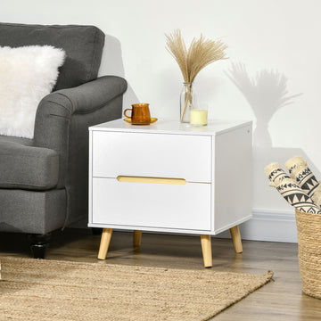 Bedside Table, Nightstand with 2 Drawers, Side Table with Pine Wood Legs for Bedroom, White