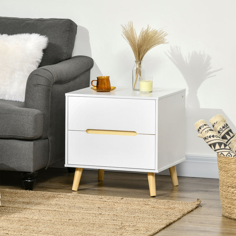 Bedside Table, Nightstand with 2 Drawers, Side Table with Pine Wood Legs for Bedroom, White
