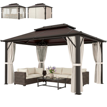 10' x 13' Hardtop Gazebo Canopy with UPF30+ Double Polycarbonate Roof, Aluminum Frame, Netting and Curtains, Beige